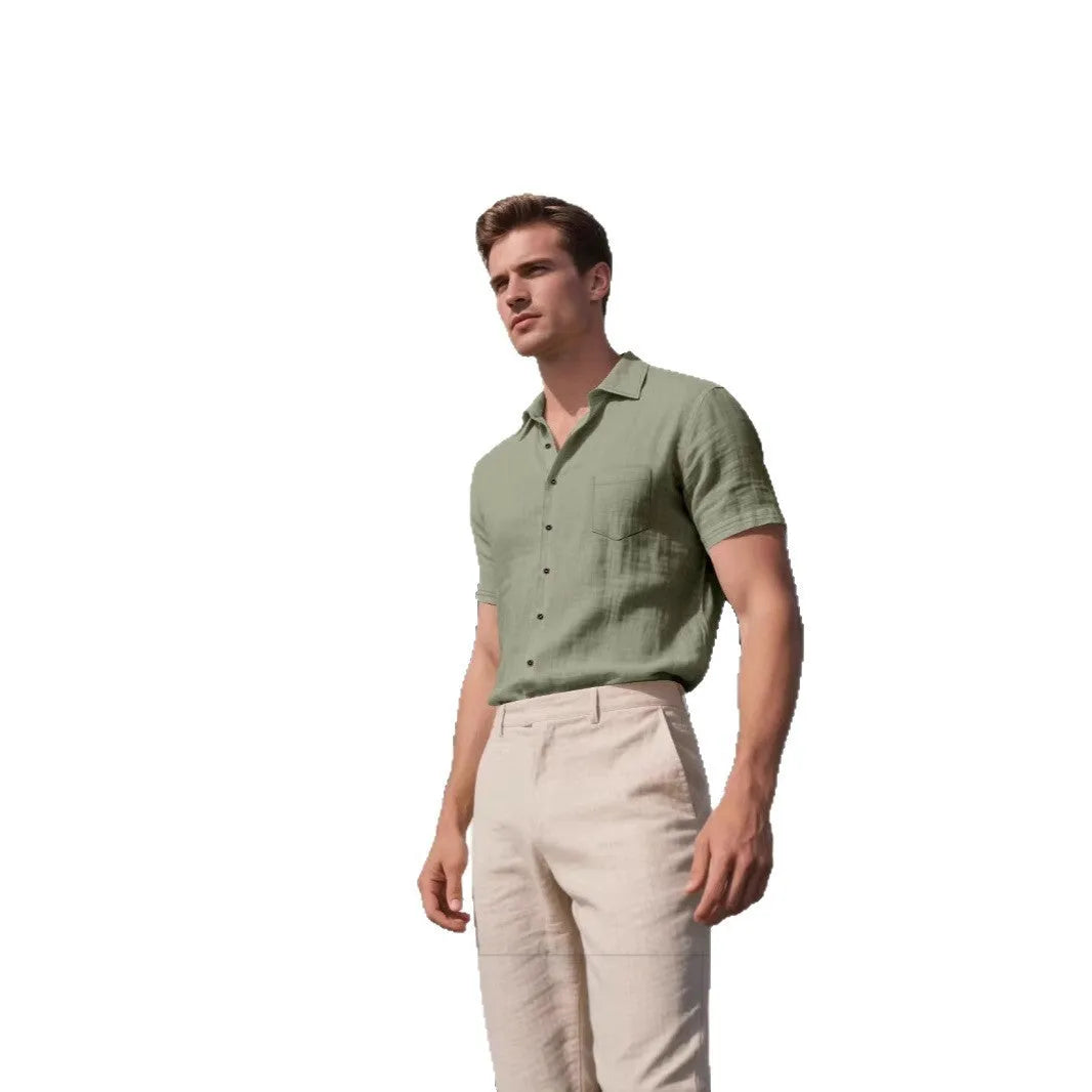 Men's loose fit linen short-sleeved shirt in army green colour, cardigan style