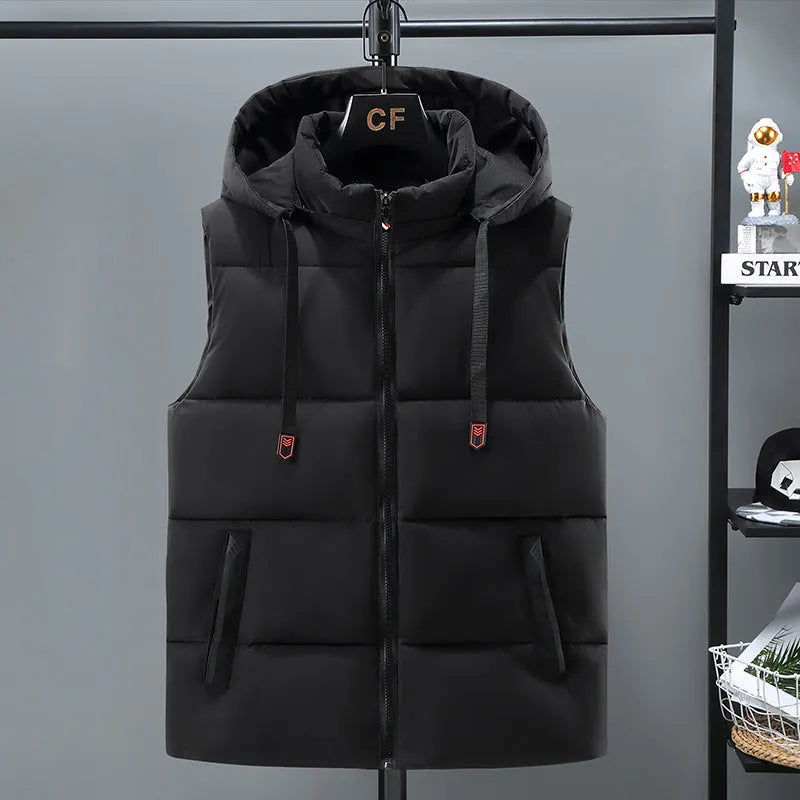 Men's black thickened polyester vest with a removable hood and zipper pockets.