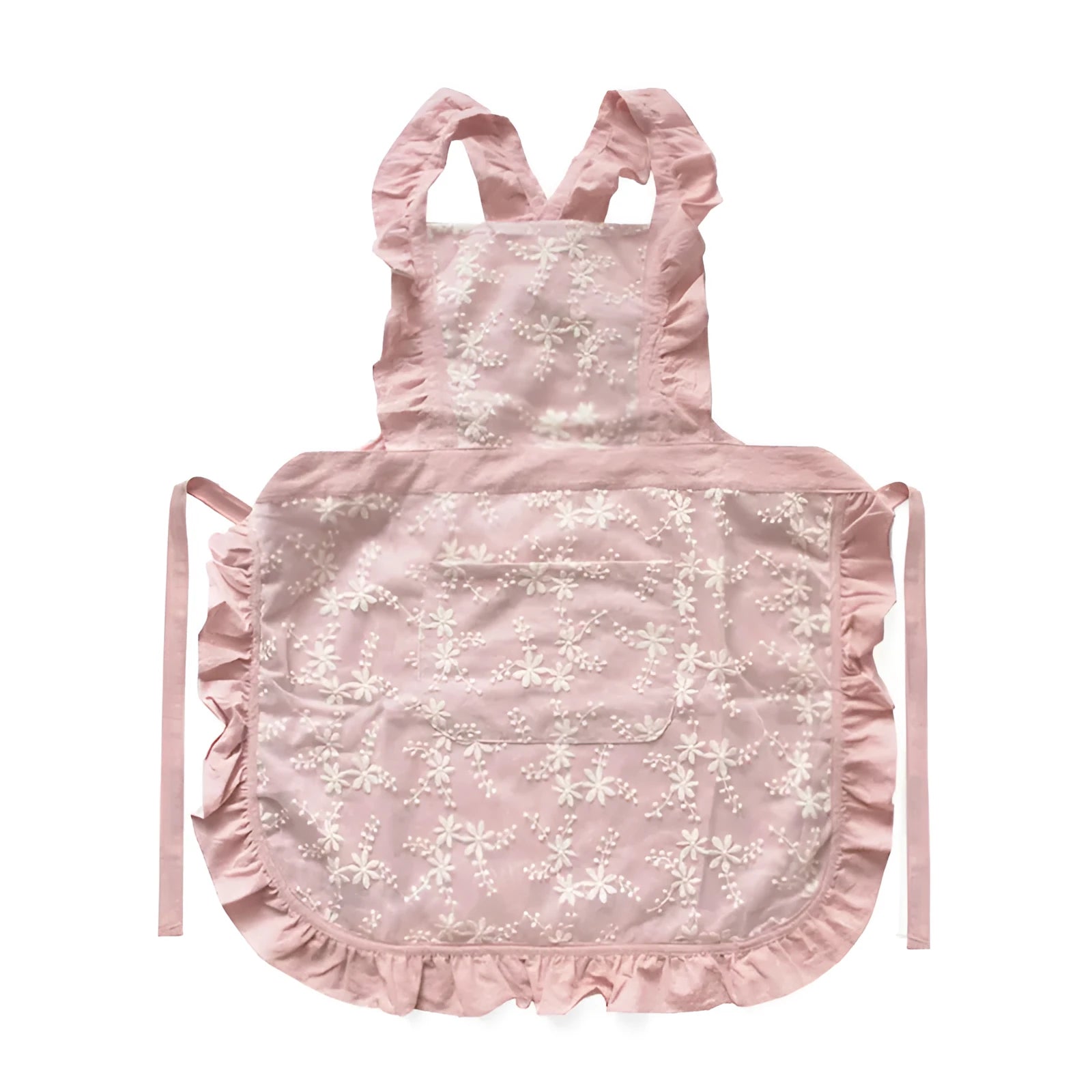 Minimalist cotton linen apron with X-strap design and lace details in light pink colour