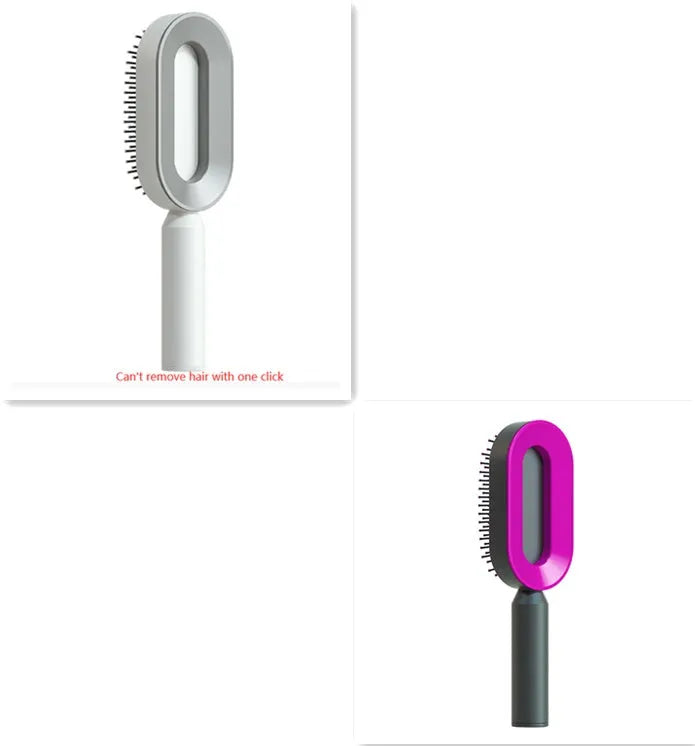 Self-cleaning air cushion hair brush in white, black gold, or black purple with ergonomic handle