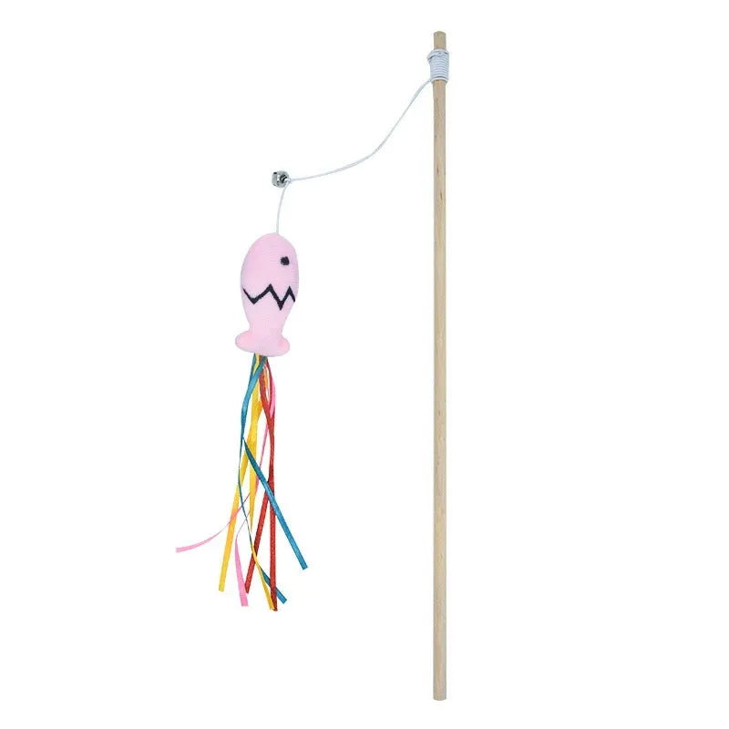 Blue handled cat teaser wand with colourful ribbons, a bell, and a catnip fish dangling from an elastic rope