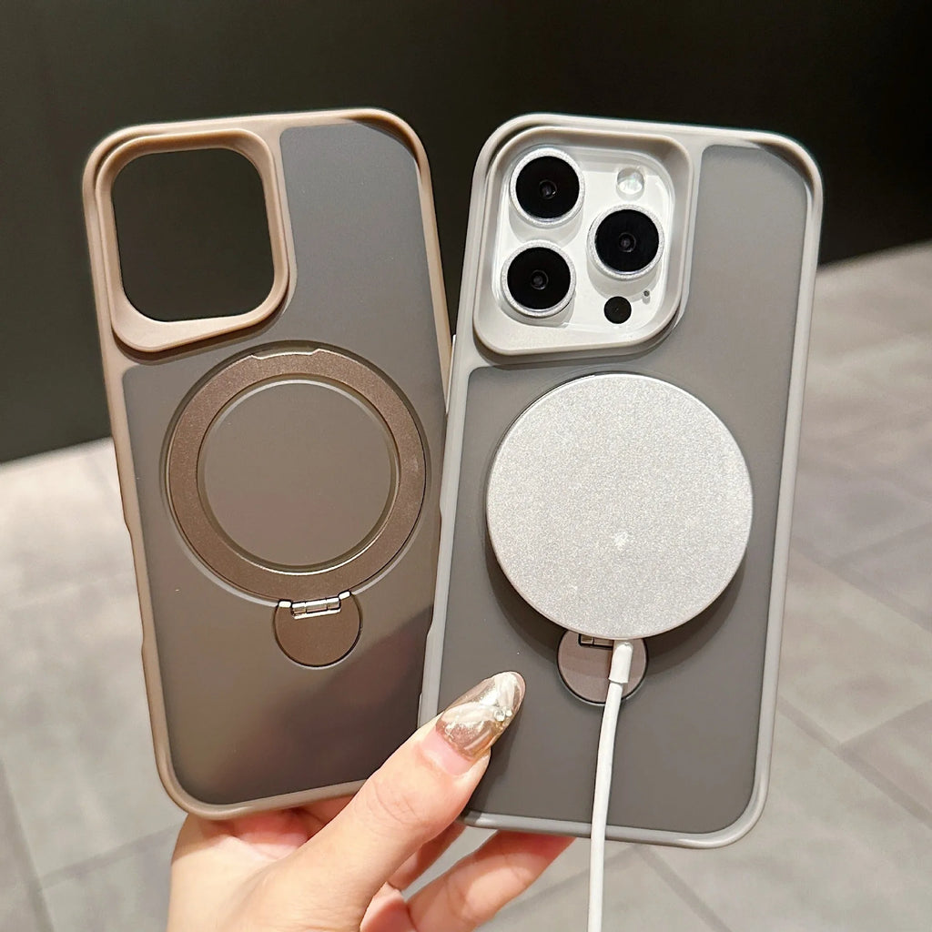 Frosted TPU PC magnetic phone case for iPhone 16 Pro with 360 rotating bracket, black colour
