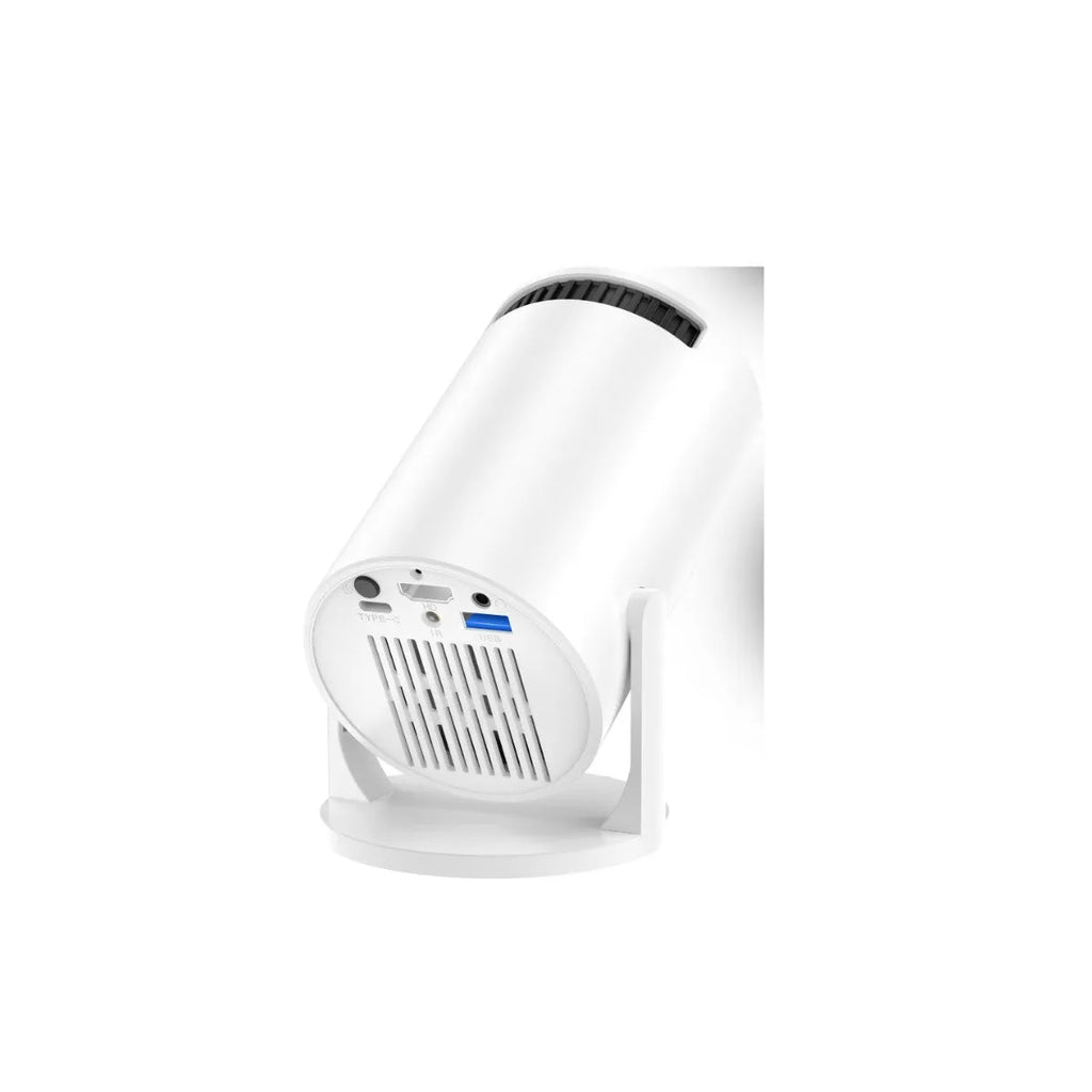 White mini portable wireless projector displaying 1080p HD image for home entertainment use