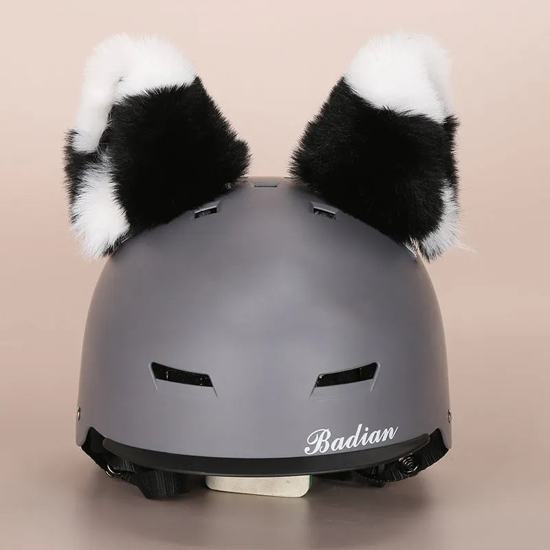 Soft plush cartoon character cover on a motorcycle helmet, showing size M and decorative ear sections.
