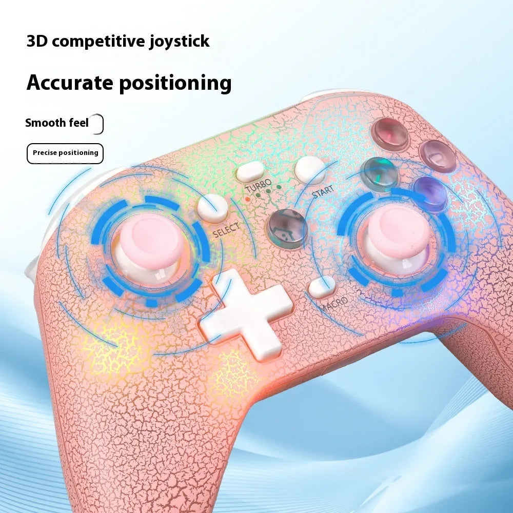 NS21 RGB lamp effect gamepad with Type-C interface, ABS body, 18.2 x 7 x 14 cm, shown in black, pink, and white