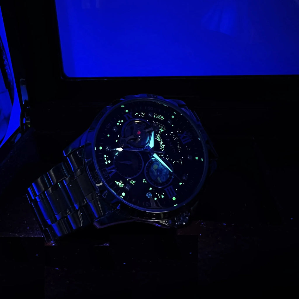 Rose gold automatic men's watch with large black dial and stainless steel case