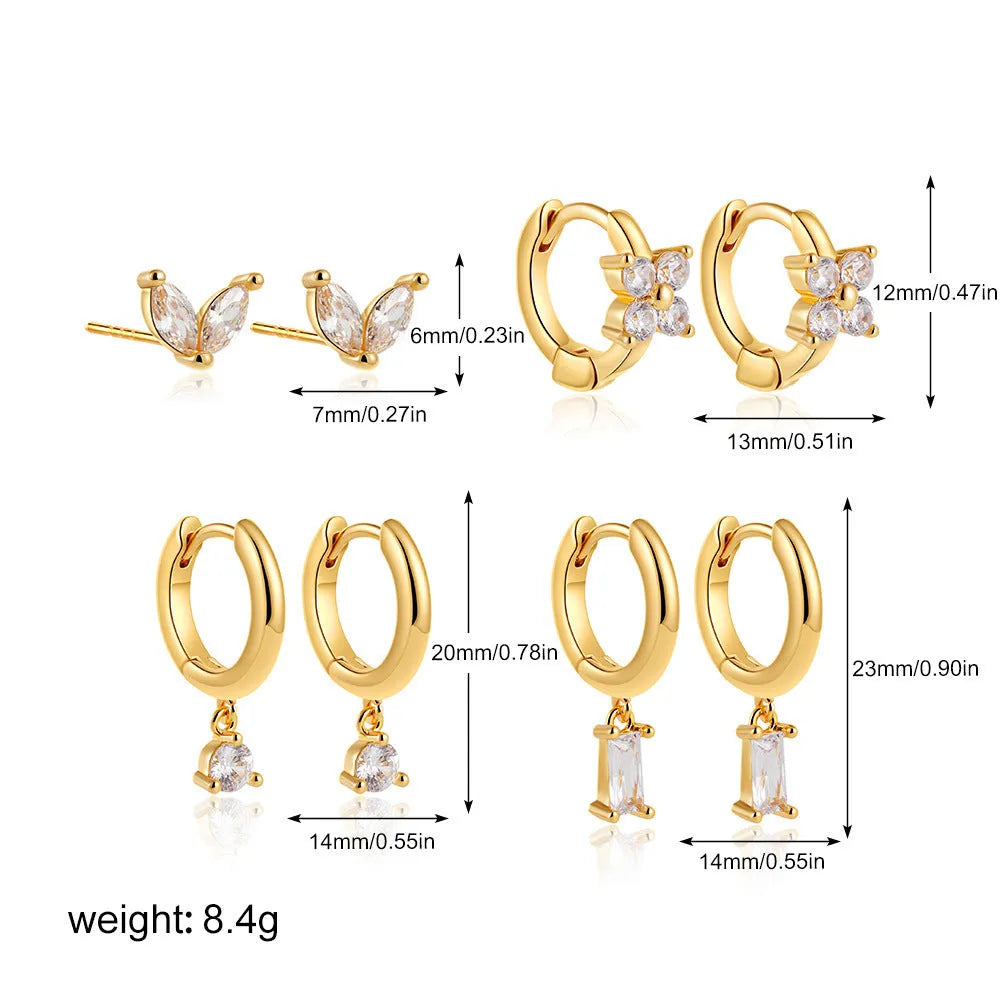 Women's geometric copper earrings four-piece set with gold electroplated star and quadrilateral designs