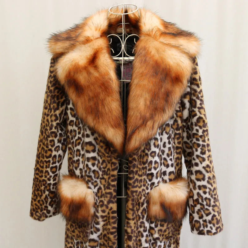 Women's long artificial fur jacket in leopard print with regular sleeves, shown in street fashion style.