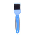Blue double-sided pet brush with stainless steel pins and ergonomic handle on a white background.