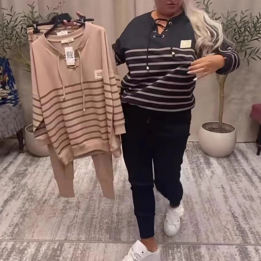 Women's striped two-piece sweatshirt and sweatpants set in black or khaki, loose long sleeve casual outfit, sizes S to XXXL