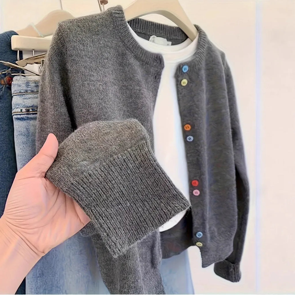 Dark grey women's polyester cardigan with button front and regular sleeves