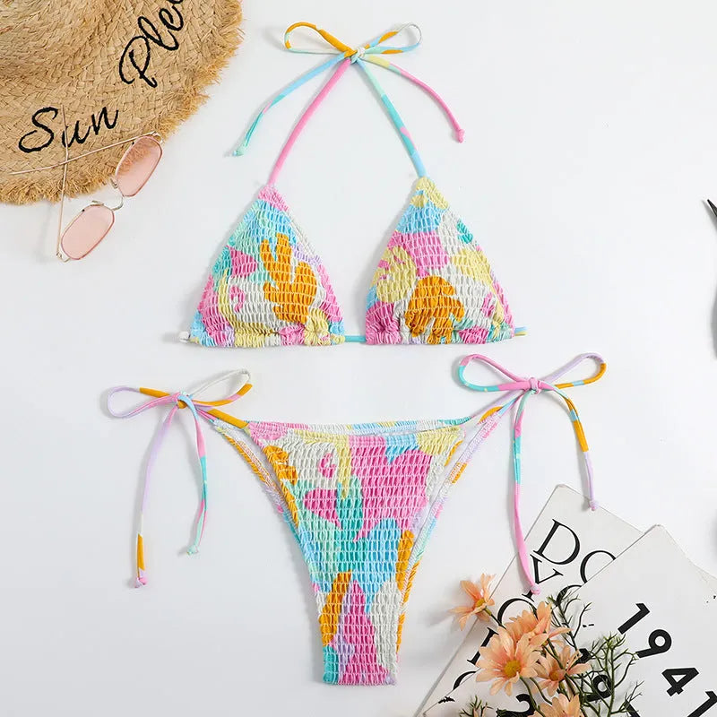 Women's triangle bikini set with smocked bandeau front in multicolour gradient floral print
