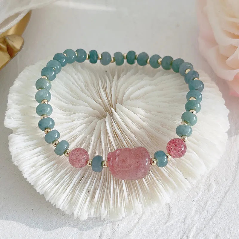 Women's natural blue water jade bead bracelet with gourd peace buckle charm