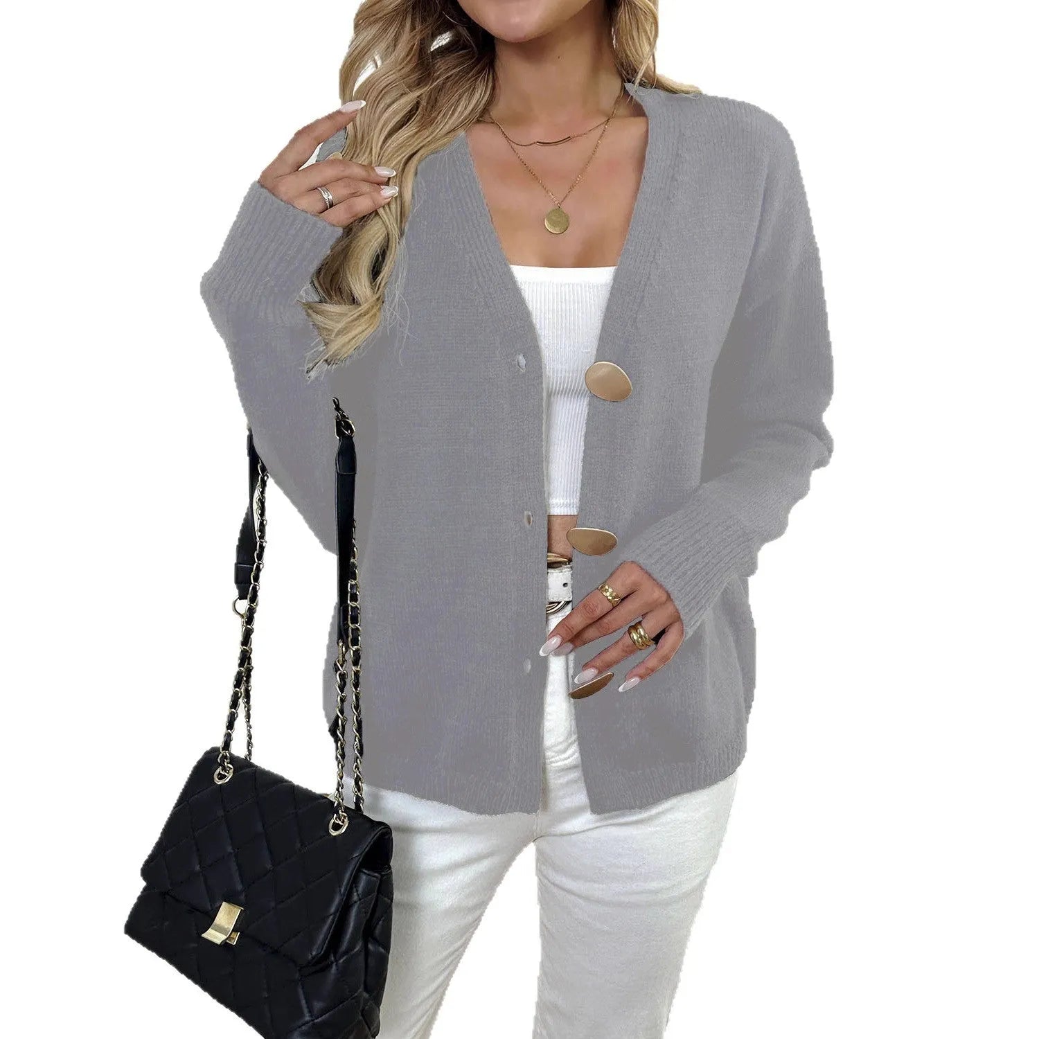 A woman's long sleeve deer plush coat in street hipster style, shown in gray colour with princess sleeves.