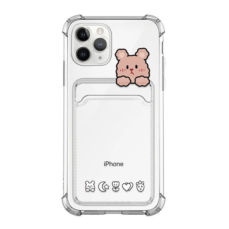 Transparent cartoon iPhone case with a built-in card holder slot.