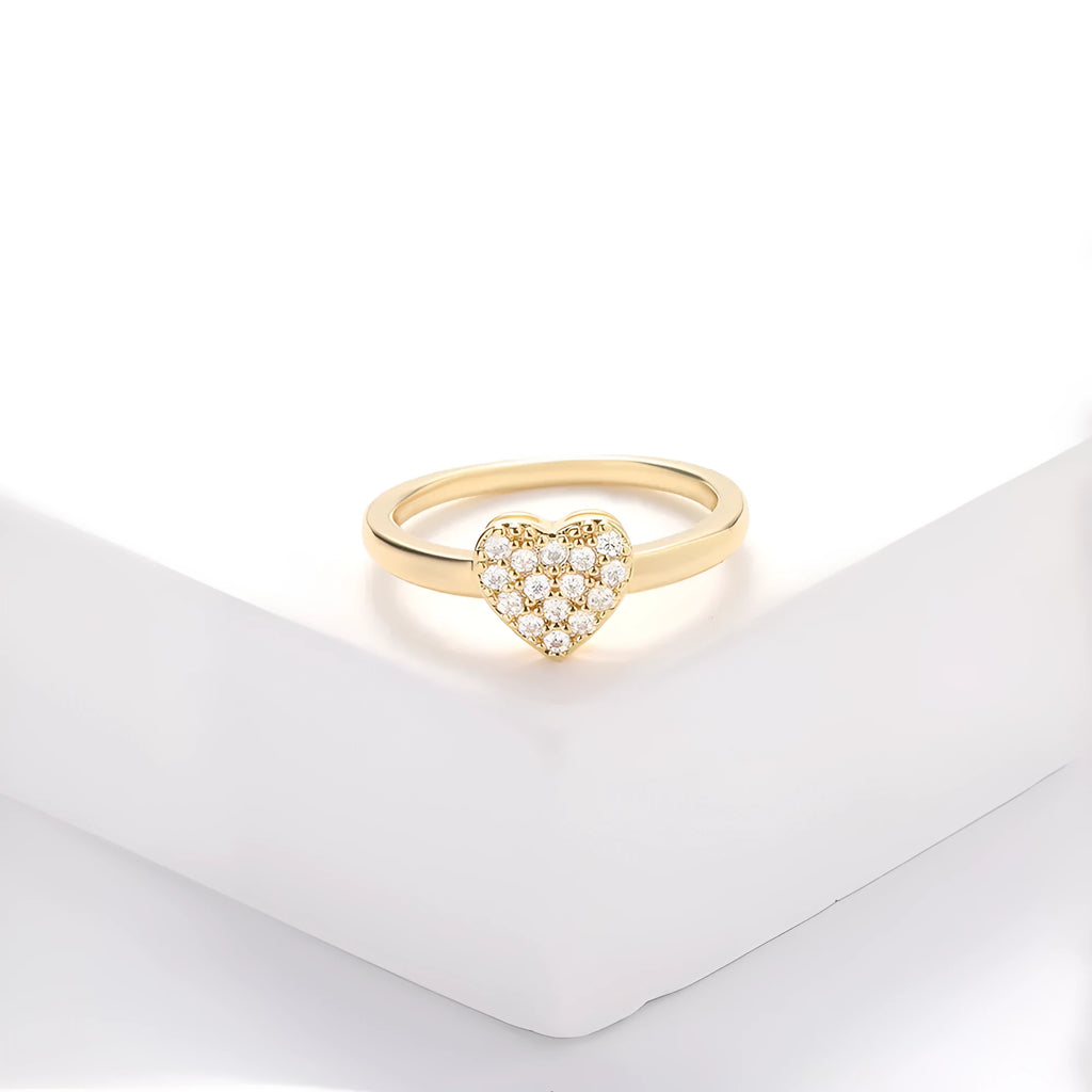 Copper heart shape ring with inlaid zircon stone, UV plated 18K real gold finish