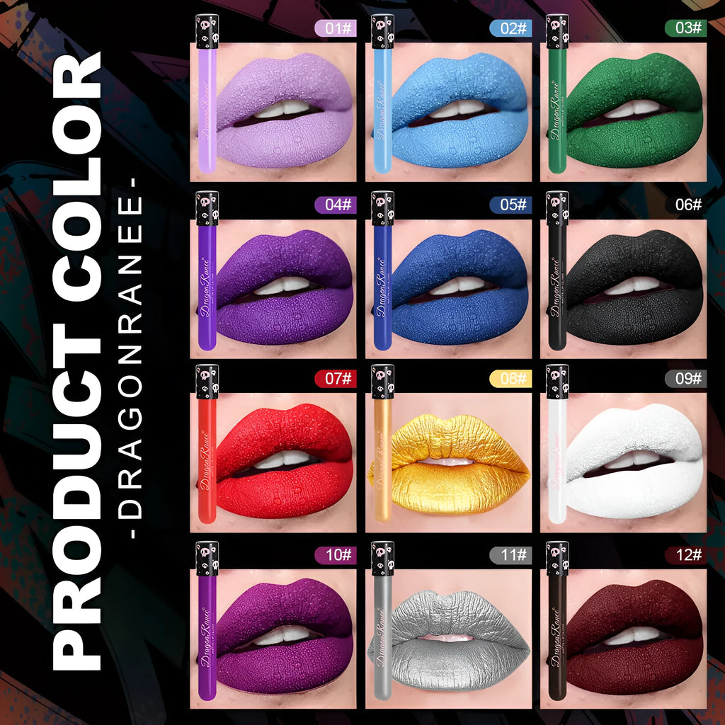 Halloween matte lip gloss in skull test tube packaging showing DR160 colour options