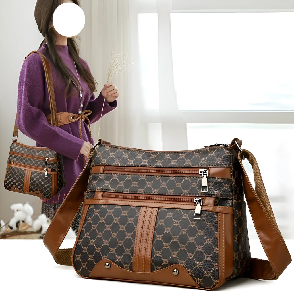 Brown women's crossbody bag with stitching pattern and adjustable shoulder strap.