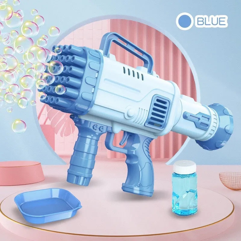 32-hole electric bazooka-style bubble gun toy in cherry pink colour with colourful lights illuminated.