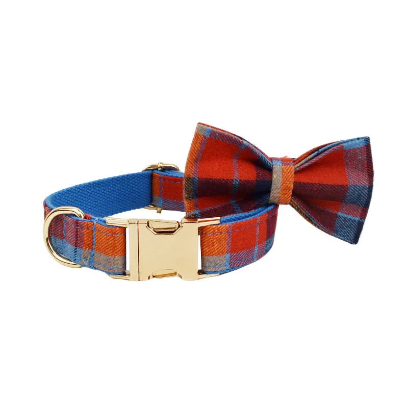 Blue velvet plaid patterned dog collar and matching lead set with an optional decorative bow.