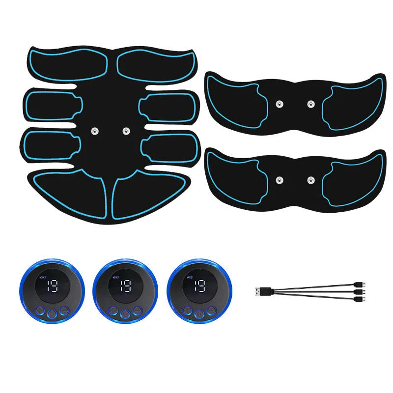 Abdominal muscle electrotherapy patch device with digital display, showing red, blue, and yellow edge colour options.