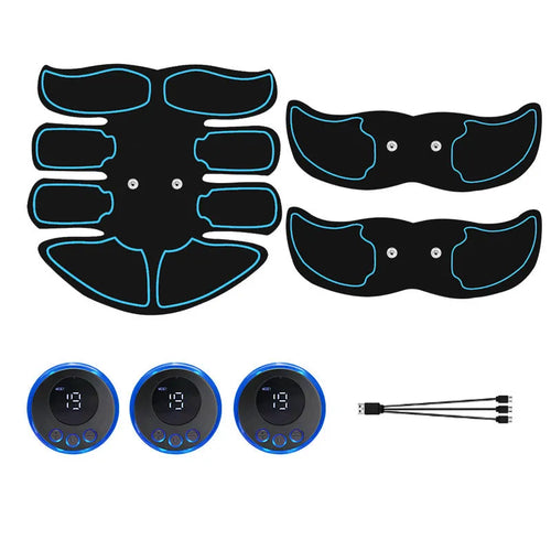 Abdominal muscle electrotherapy patch device with digital display, showing red, blue, and yellow edge colour options.