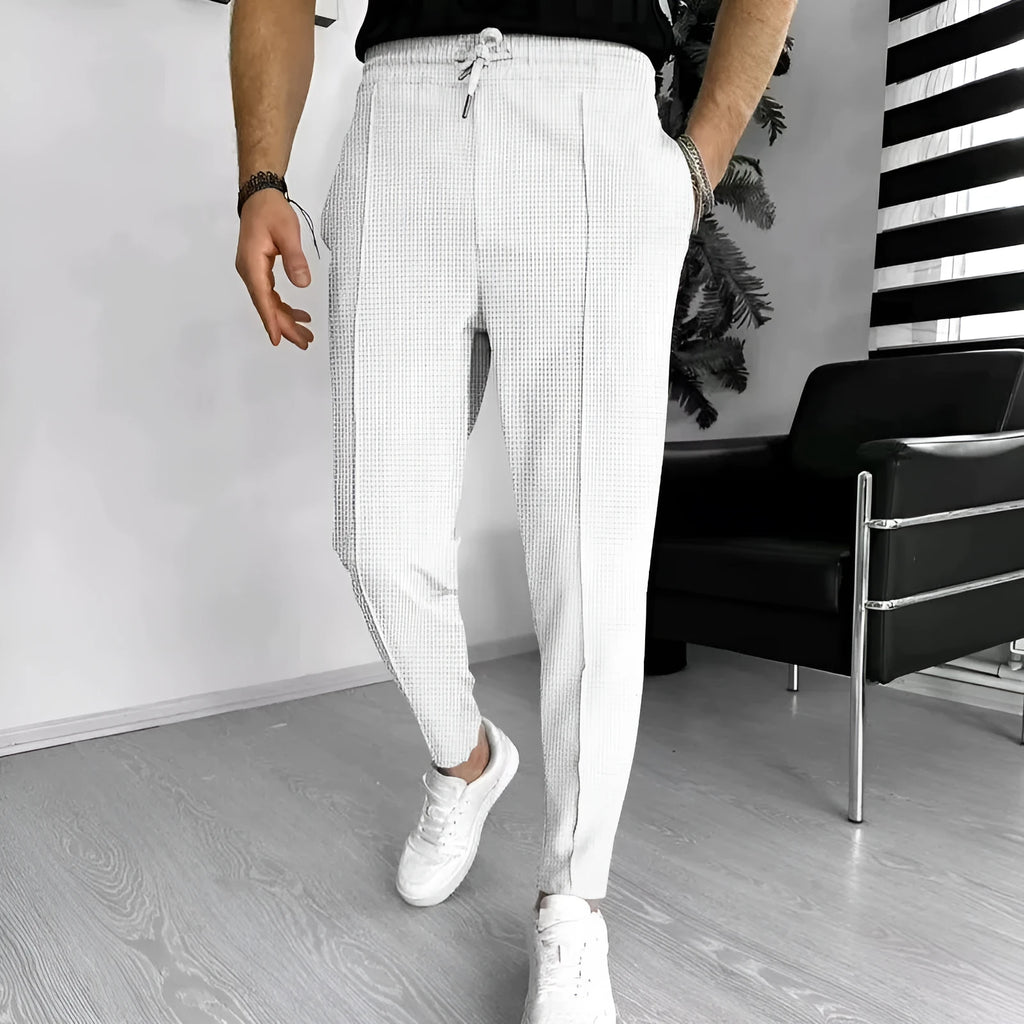 Men's drawstring high-waist straight-leg casual pants in light khaki, polyester waffle fabric, size M-3XL