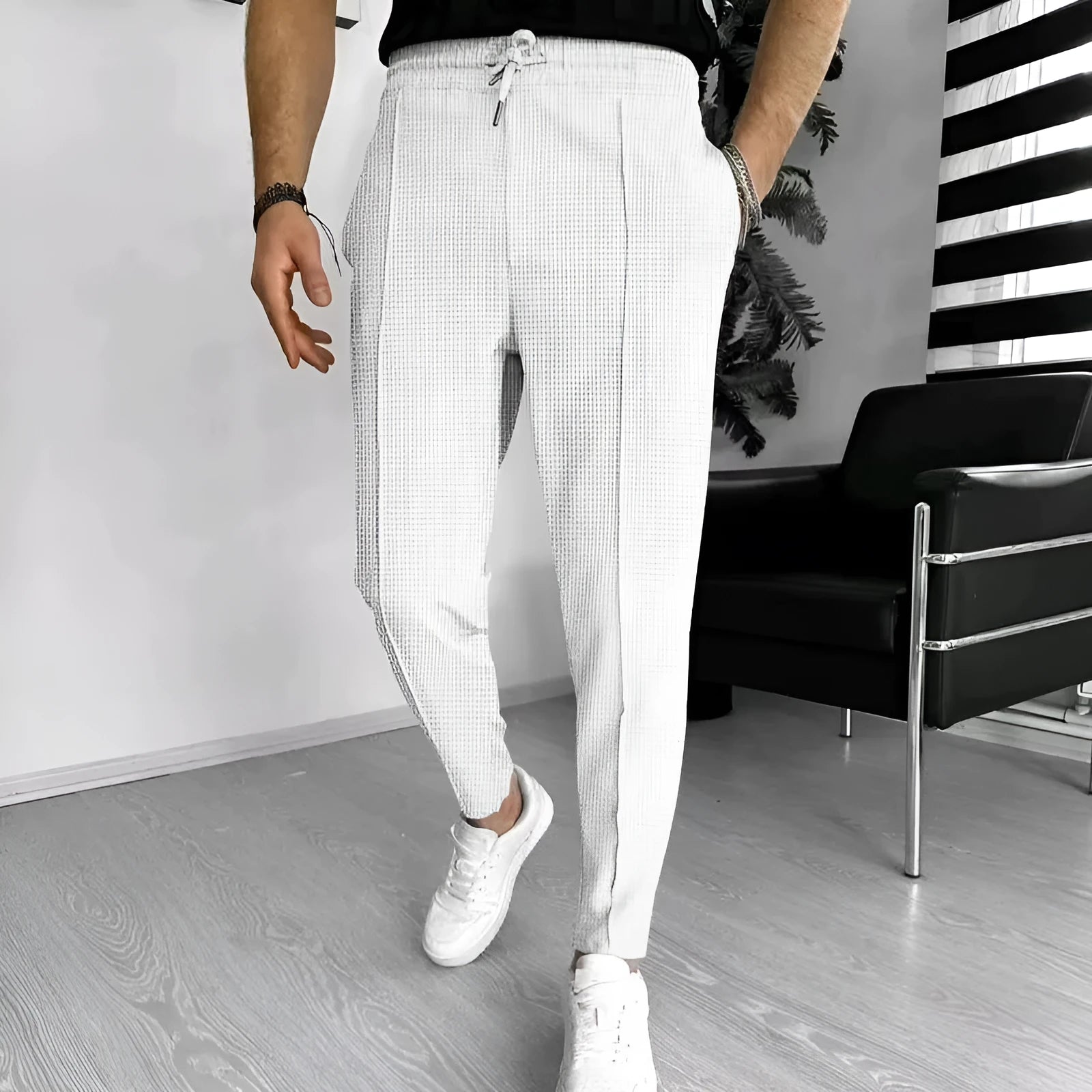 Men's drawstring high-waist straight-leg casual pants in light khaki, polyester waffle fabric, size M-3XL