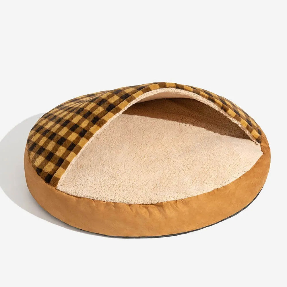 Plush cloth dog nest in brown plaid, size L, on indoor floor