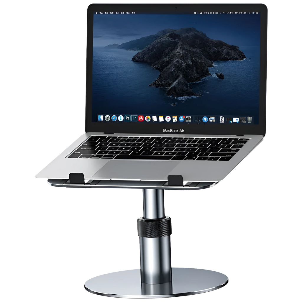 Silver aluminium car laptop stand with height adjustment and 360-degree rotating base on a car seat.