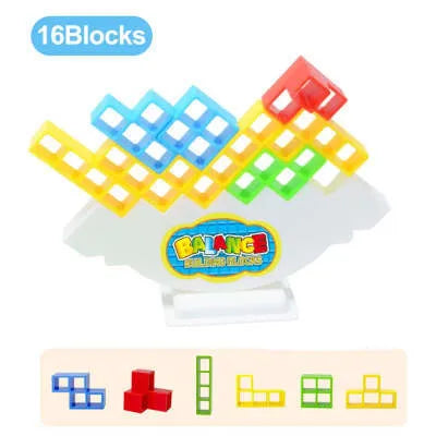 Plastic balance stacking game with colourful blocks on a chassis