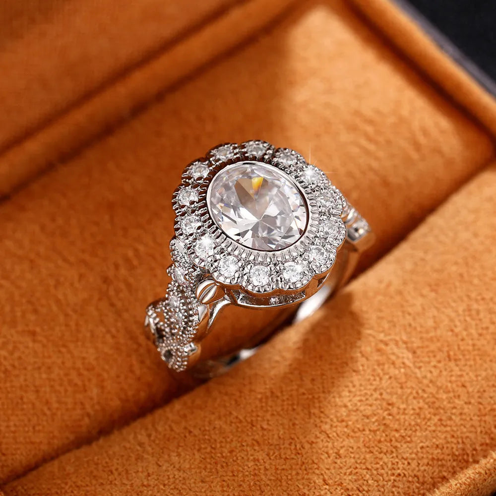 Women's white gold colour round zircon ring with geometric shape and diamond copper plating