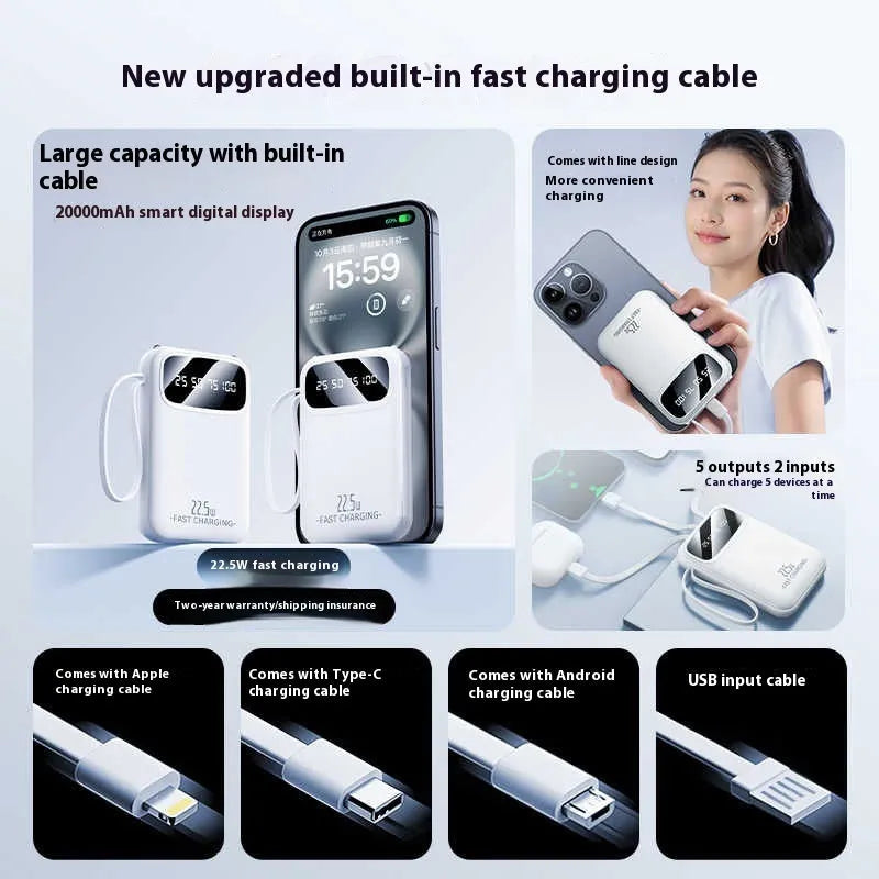 Moon White portable power bank 20000mAh 22.5W with screen and built-in cable on table