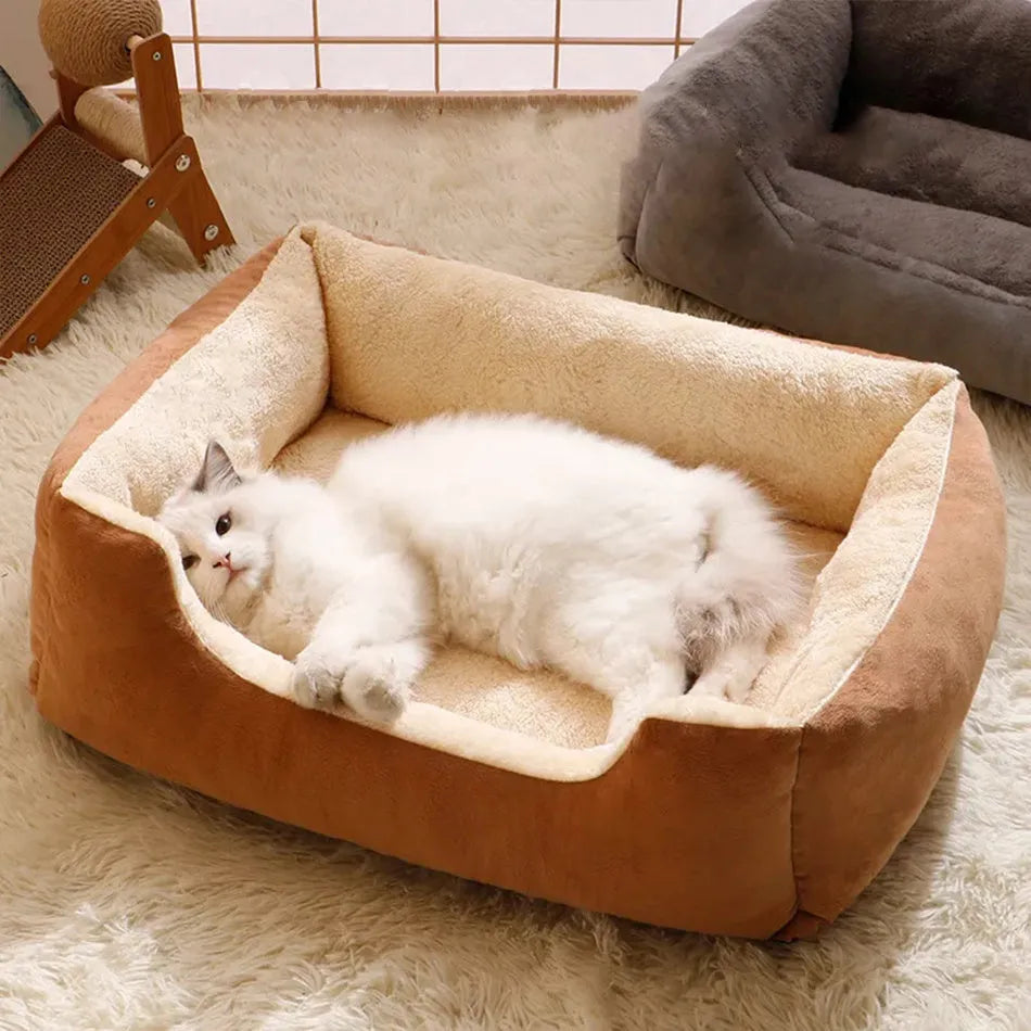 Soft plush pet bed cushion for cats and dogs shown in available colours.