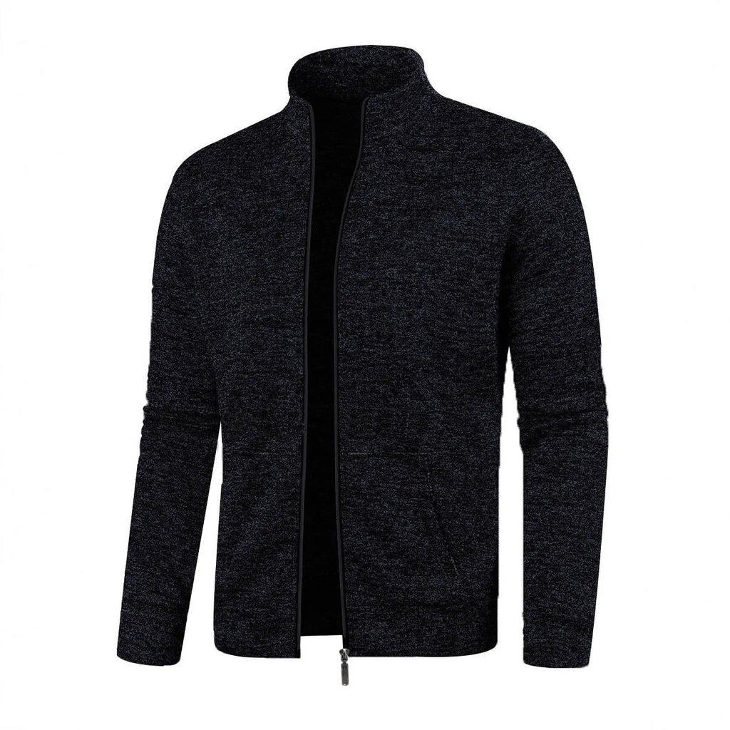 Men's long zipper light fleece jacket plus size casual loose cardigan in dark gray on model