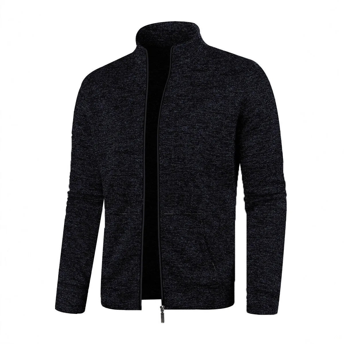 Men's long zipper light fleece jacket plus size casual loose cardigan in dark gray on model