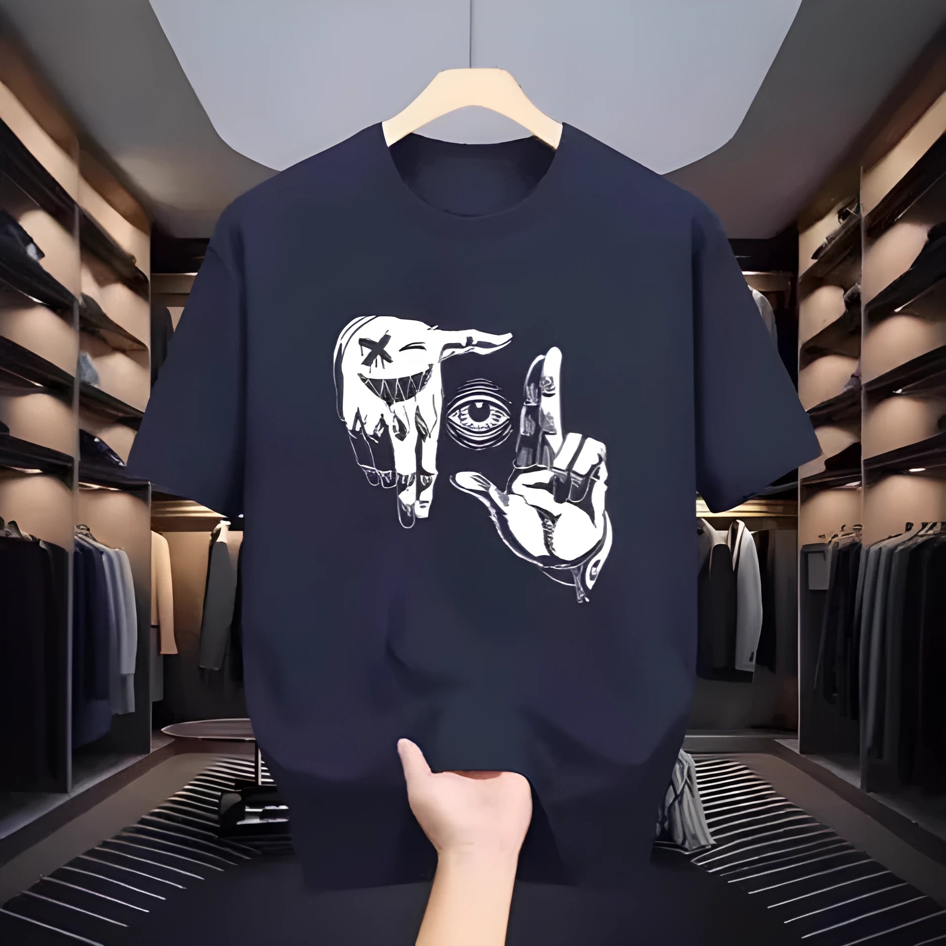 Men's cartoon pattern short sleeve t-shirt in mesh fabric available in multiple sizes