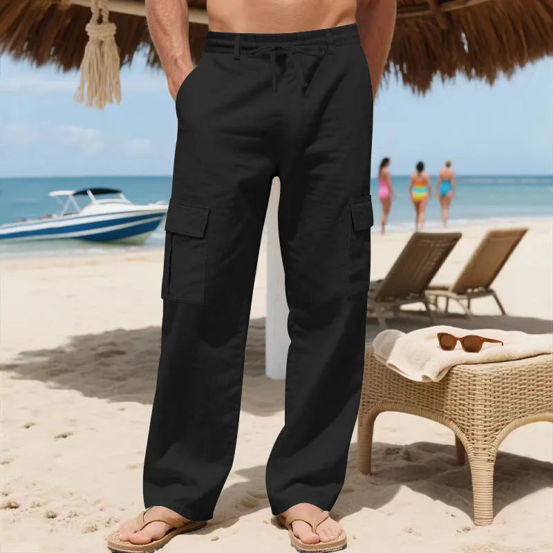 Men's linen workwear trousers with drawstring waist, multiple pockets and straight leg, in Army Green, Black, Khaki, Light Blue or White