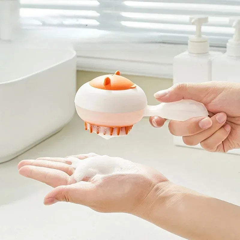 Automatic pet bath brush with soft gel massage tips in blue and orange colour options