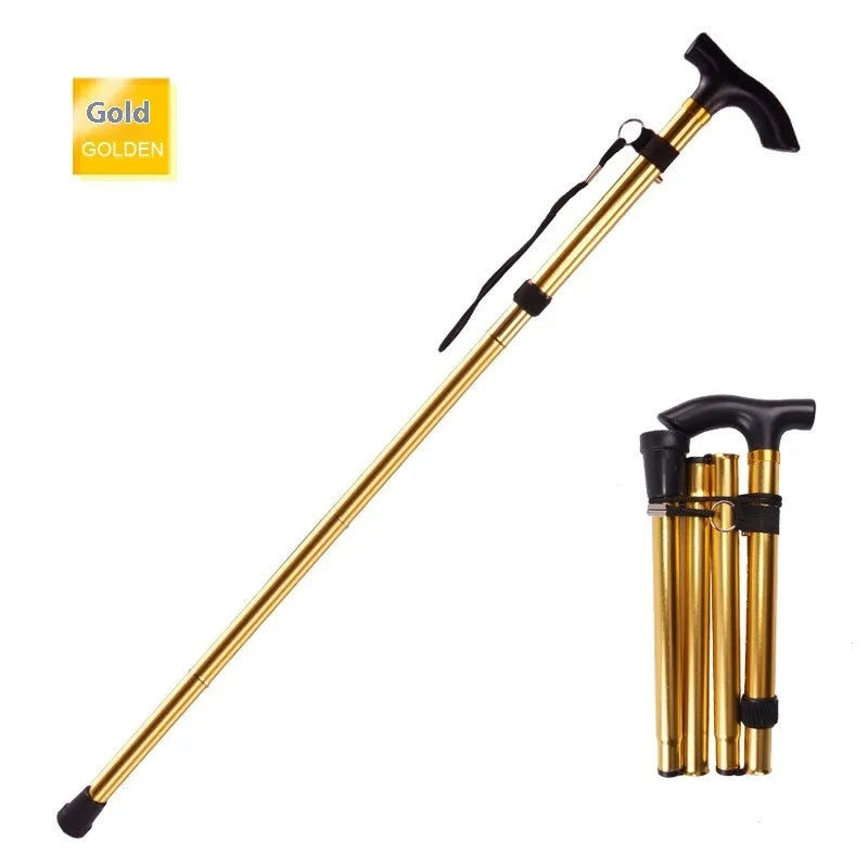 Aluminium folding walking cane extended to show adjustable shaft and textured non-slip handle.