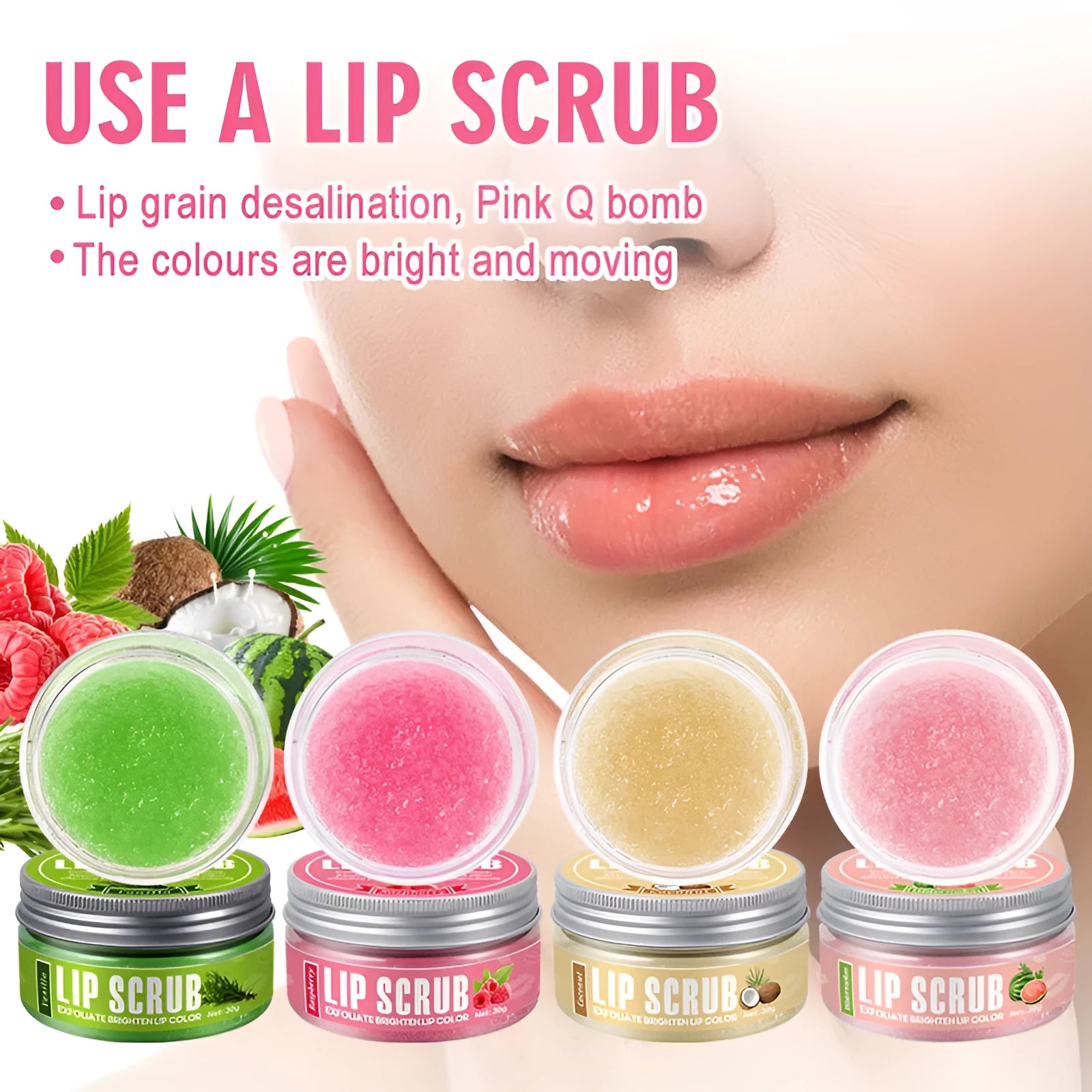 Amatoni Lip Scrub pot in four flavour options: coconut, raspberry, vanilla, and watermelon