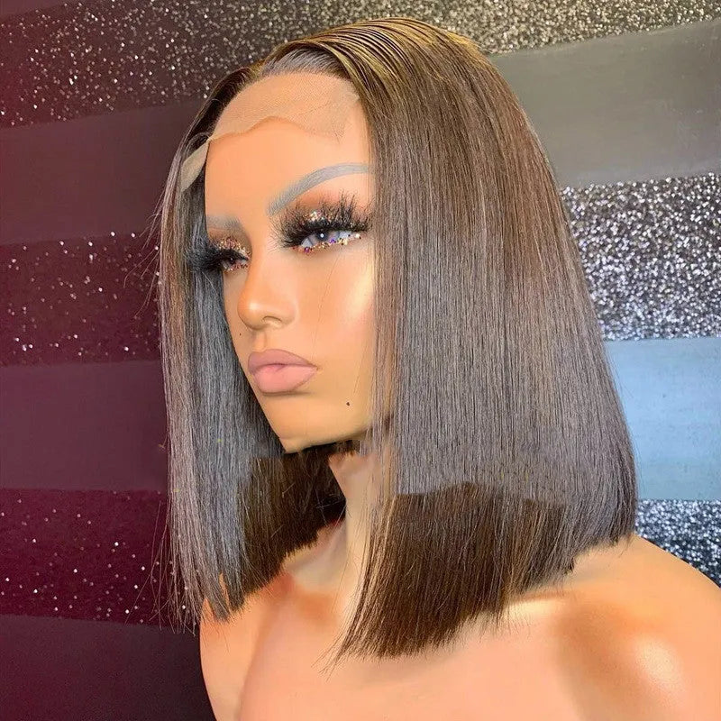 Short Bobo wig with long bangs, mid-shoulder straight synthetic headgear in black, gold, wine red, or linen
