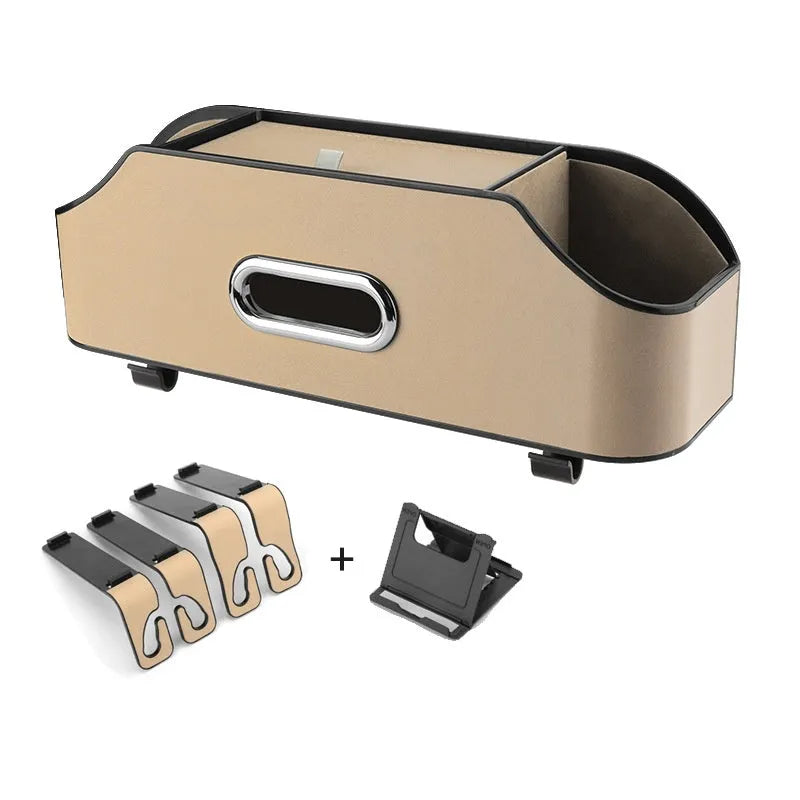 Genuine leather car tissue box holder with water cup storage compartment