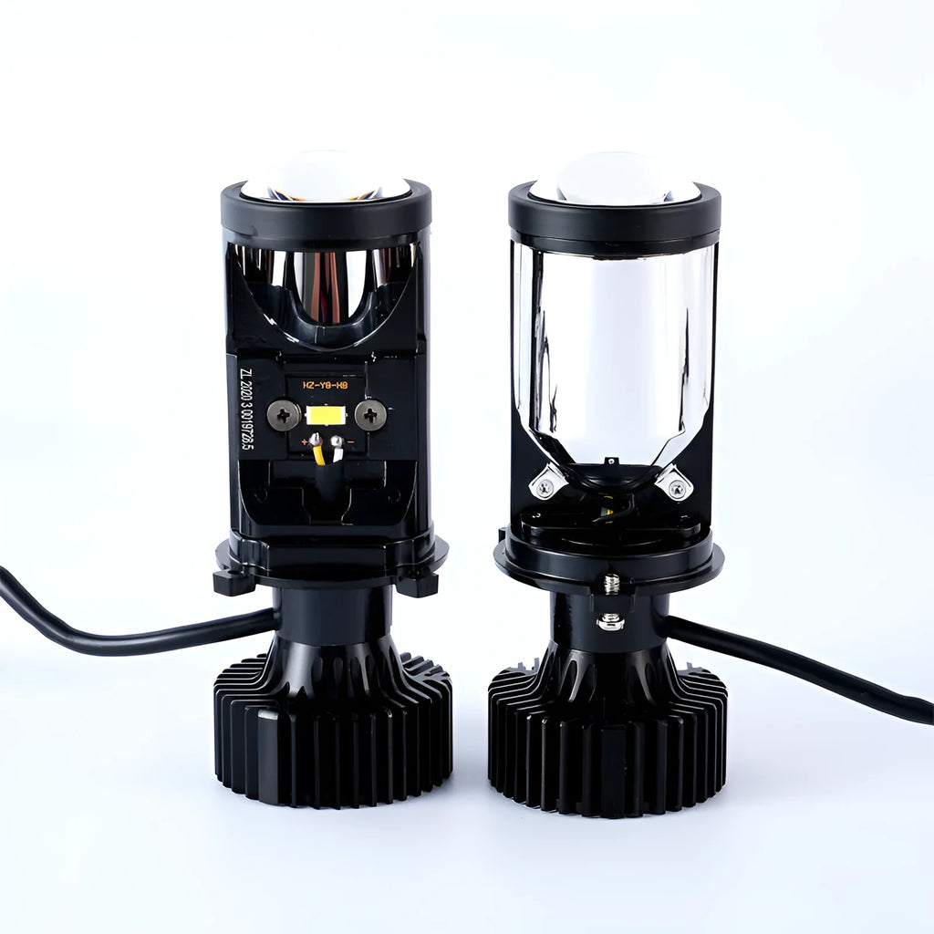 H4 far and near integrated LED headlight with aluminium alloy body and small lens, 12V IP65 rated