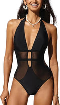 Black women's V-neck one-piece swimsuit with mesh hanging neck detail for swimming sports