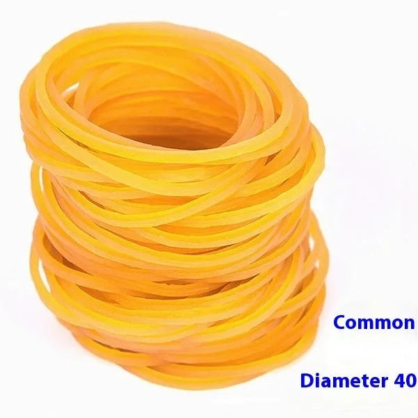 500g pack of yellow rubber bands showing assorted sizes from small to large diameters