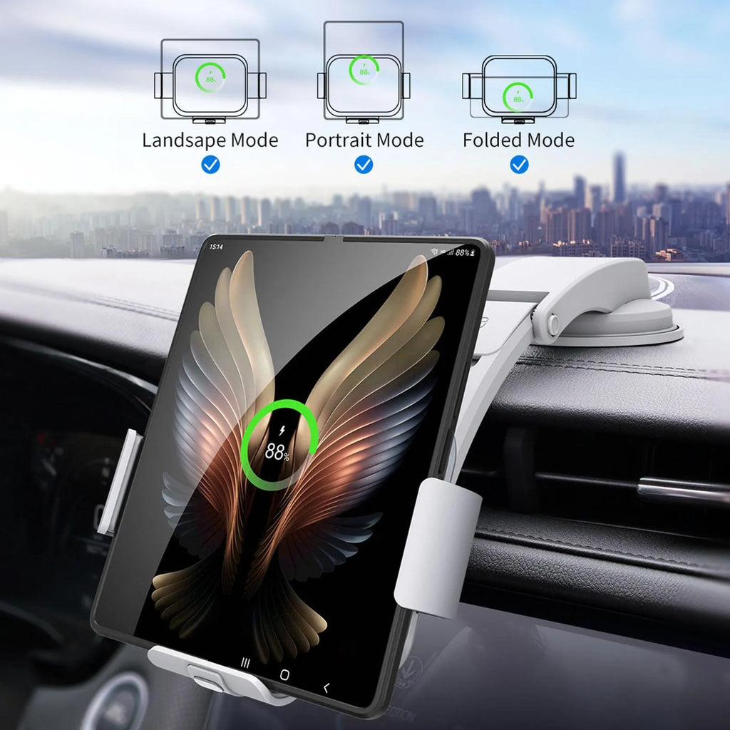 Grey folding wireless charging phone holder for car with air conditioner clip and suction cup bracket on a dashboard.