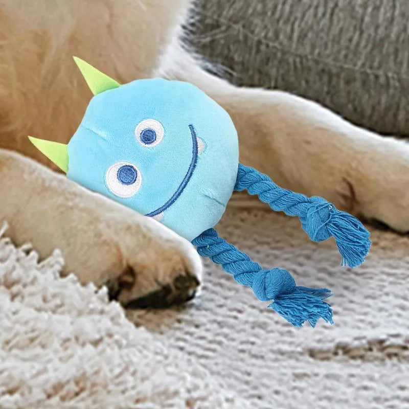 Blue and yellow dog squeaky toys with strong knot design for chewable teething and interactive play