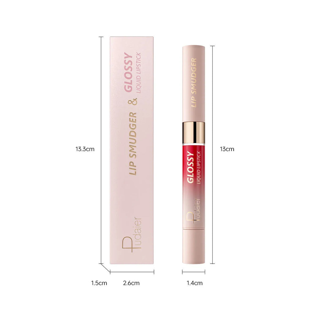 Double-headed lipstick and lip gloss set showing ten matte finish colour options.