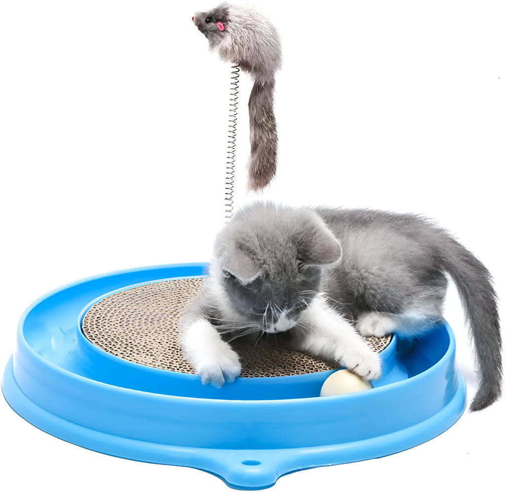 Blue interactive cat scratcher toy with ball track and replaceable corrugated cardboard scratching pad